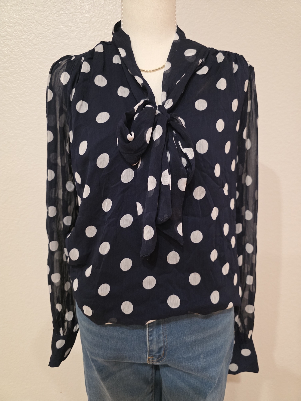 Joie Navy and White Polka Dot Bow-Tie Blouse -Small